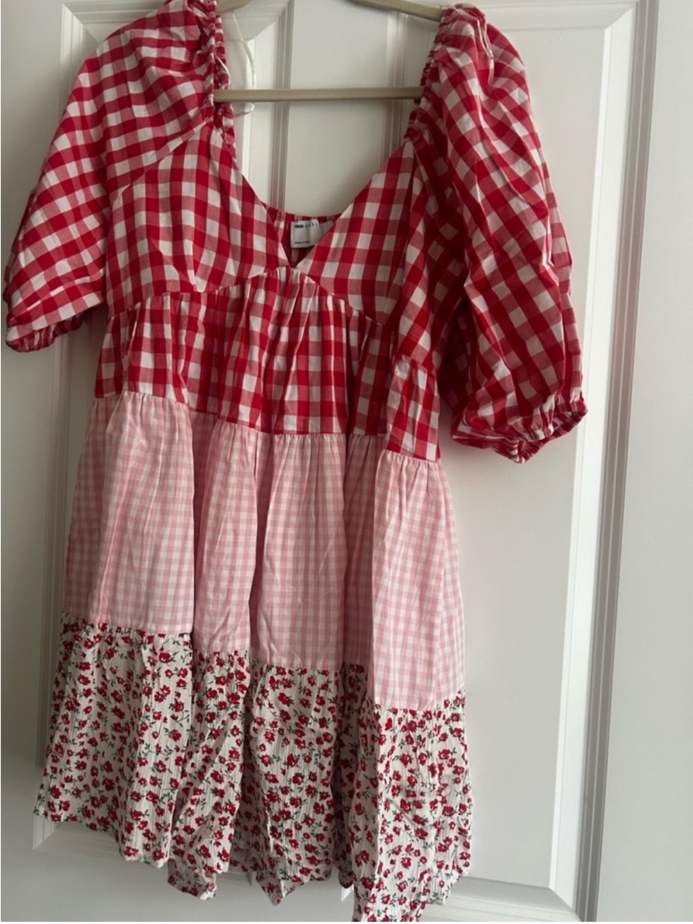 ASOS Red and Pink Gingham Tiered Dress with Floral Hem